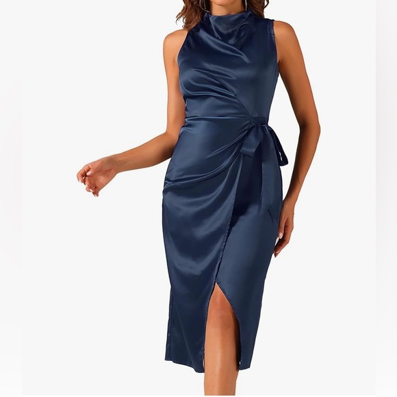 Allegra K Women Sleeveless Satin Dress Stand Collar Tie Ruched Waist Dress - Picture 2 of 13